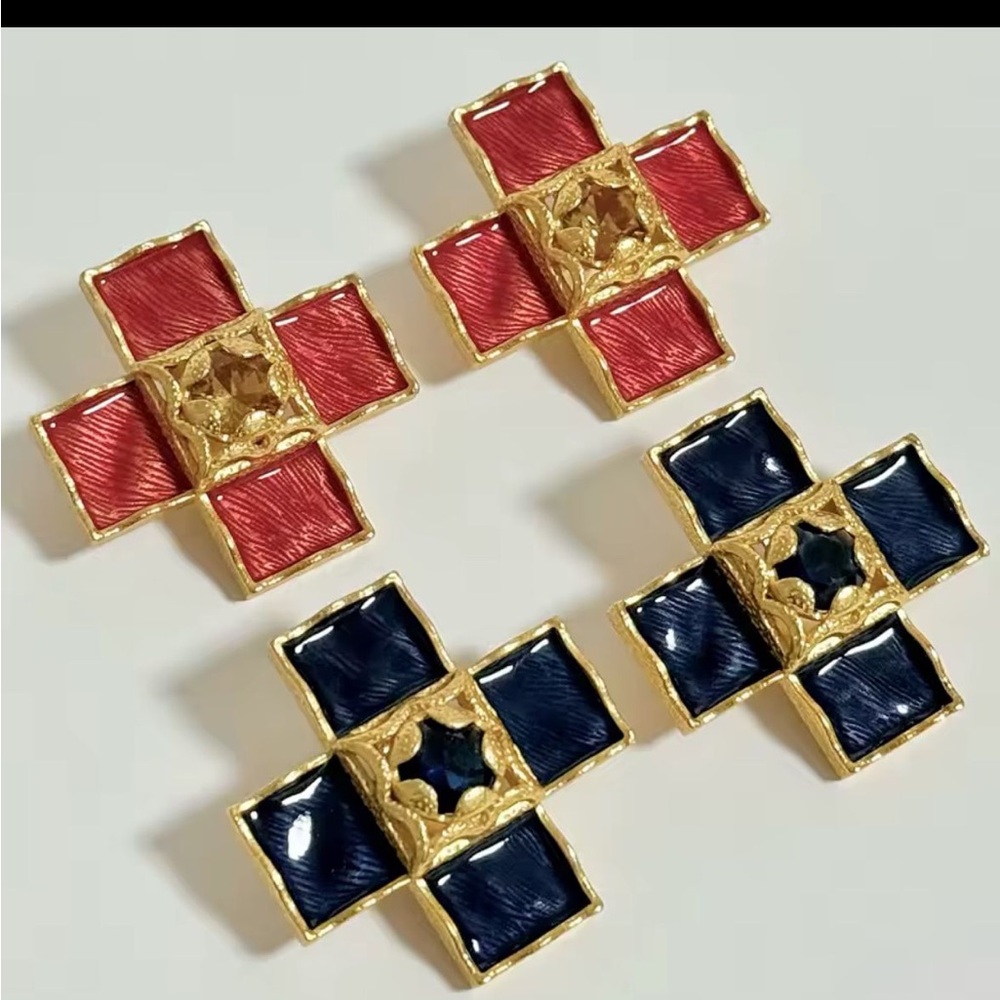 Gold and Red/Blue Cross Earrings